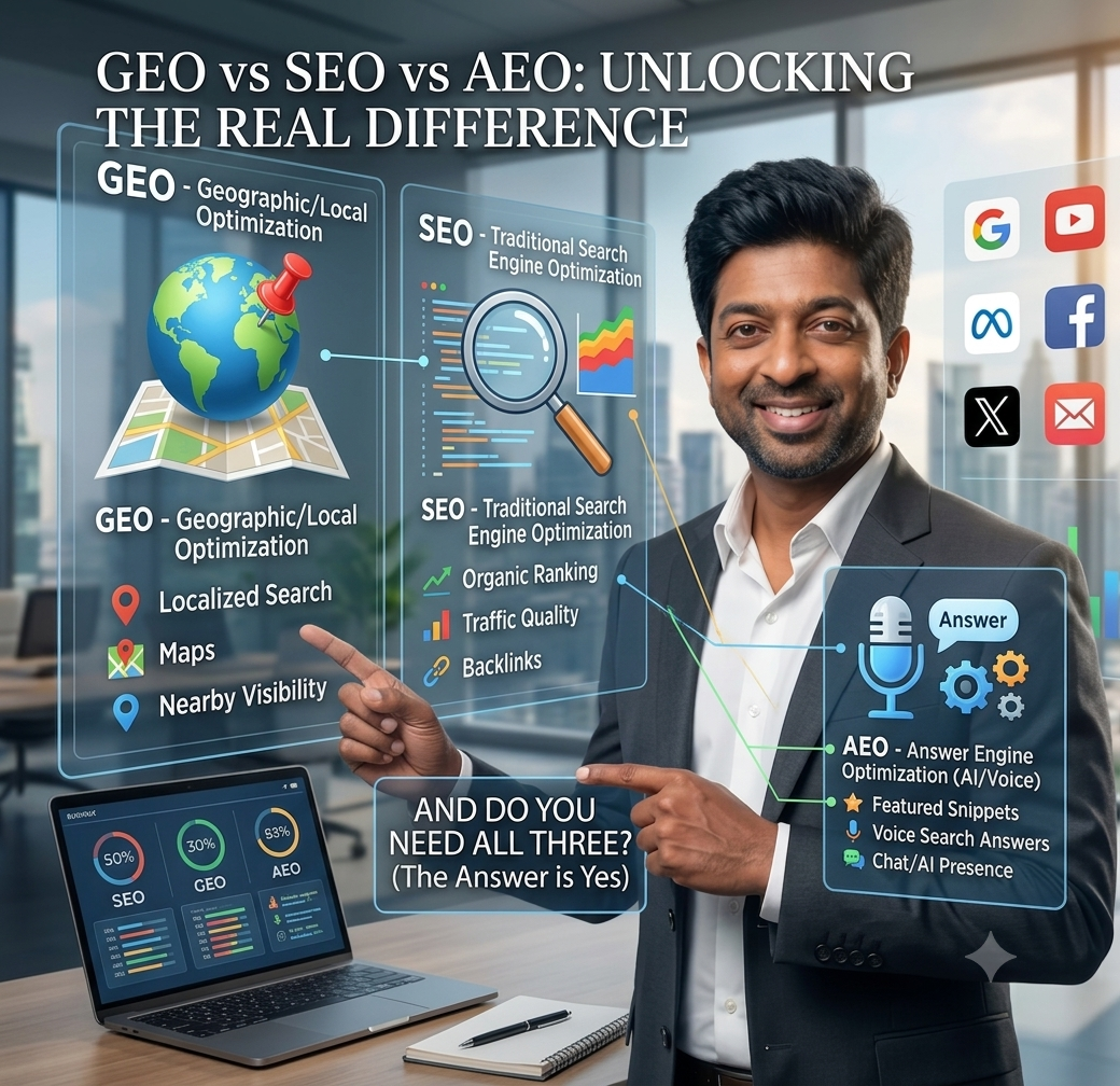 GEO vs SEO vs AEO: What’s the Real Difference (And Do You Need All Three)?